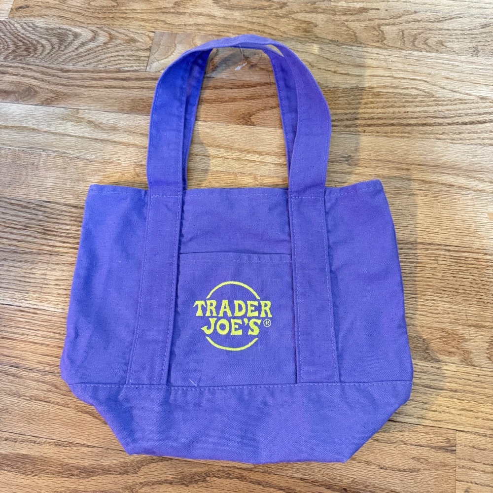 Trader Joes Mini Canvas Tote‎ Bag Purple Yellow Logo Limited Edition Grocery Bag